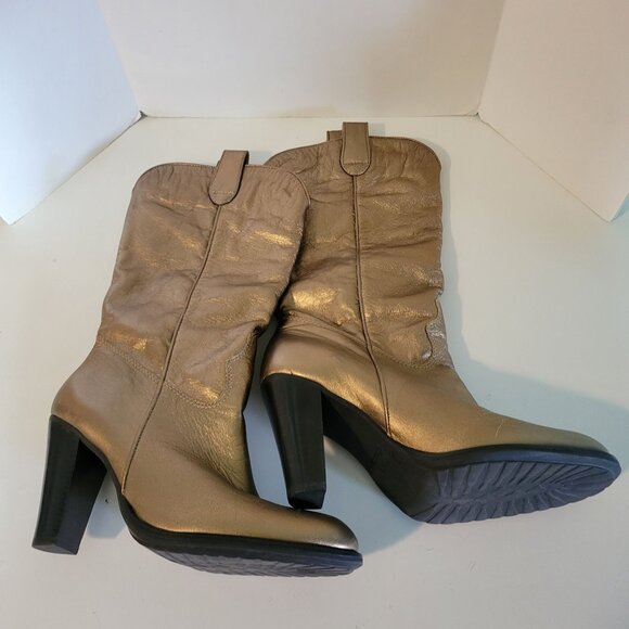 Mia Gold Leather Round Toe Stack Heel Pull-on Mid Calf Western Style Boo… - Picture 1 of 7